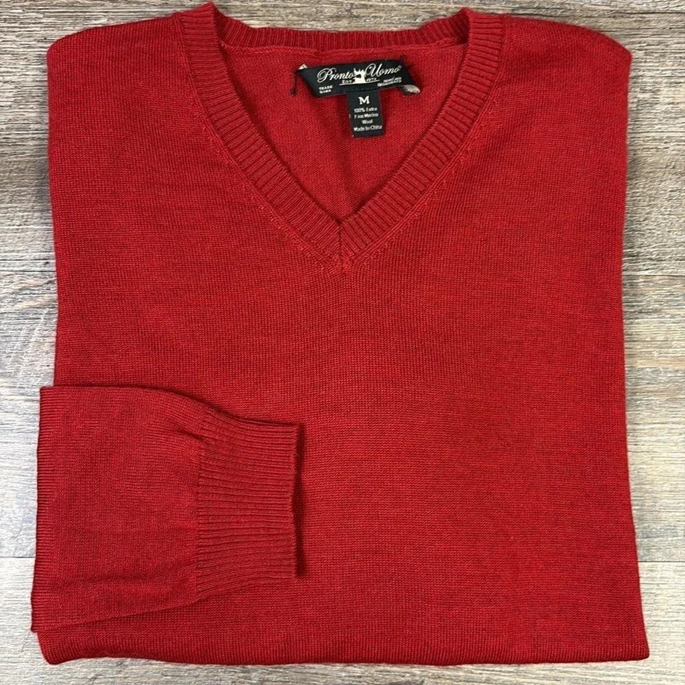 Pronto Uomo Men’s Extra Fine Merino Wool V-Neck Sweater -Red Size Medium